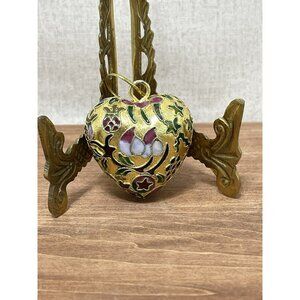 Victorian Style Enamel CLOISONNE Puffy Heart Ornament 1 1/2 Inch Gold Floral